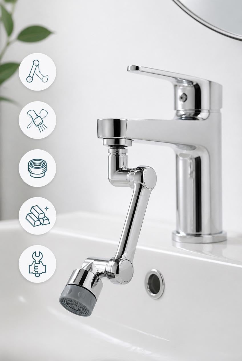 1080° Dönebilen Musluk Ucu, Hareketli Musluk Başlığı, Lavabo ve Banyo Muslukları İçin Krom Görünümlü Su Yönlendirici