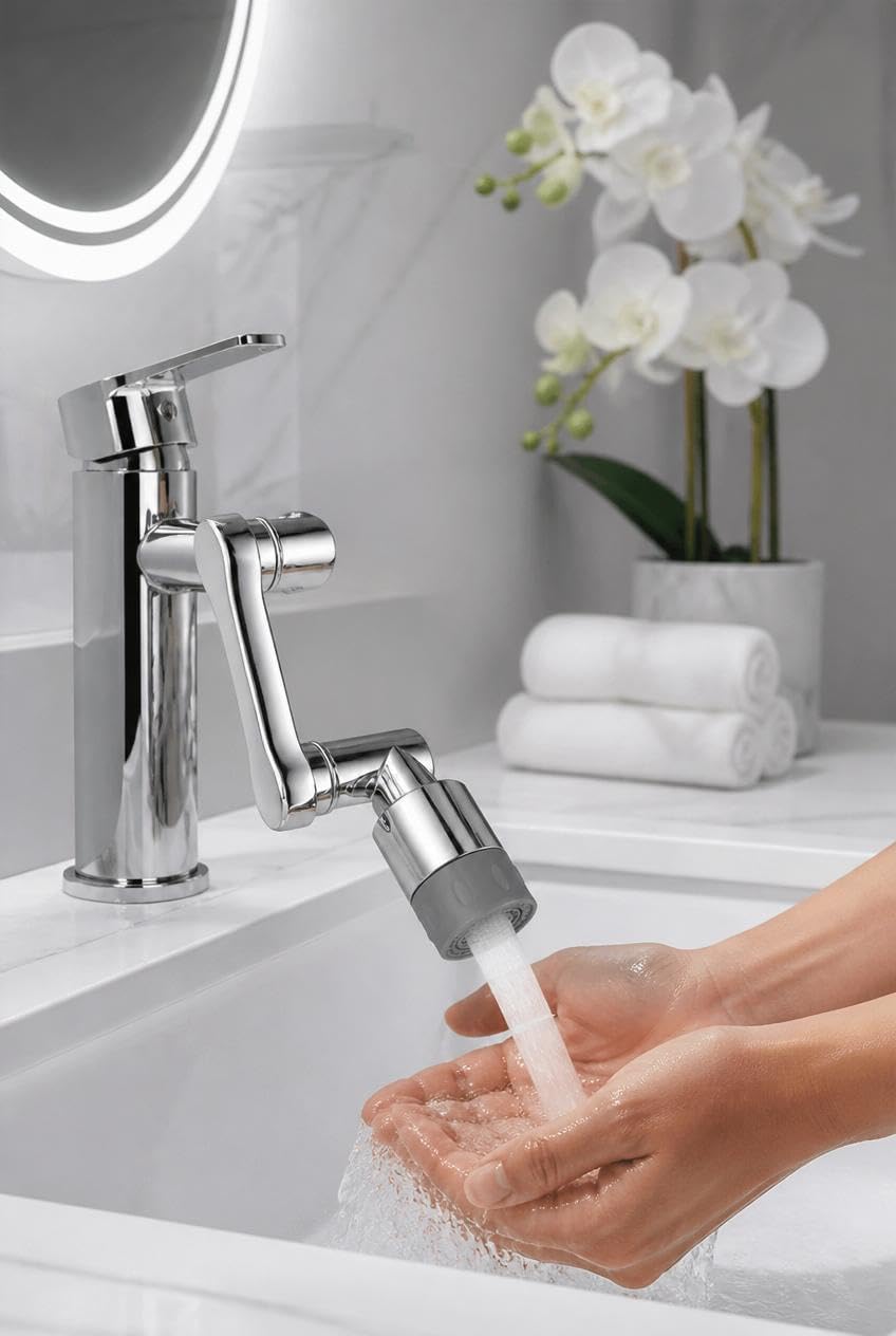 1080° Dönebilen Musluk Ucu, Hareketli Musluk Başlığı, Lavabo ve Banyo Muslukları İçin Krom Görünümlü Su Yönlendirici